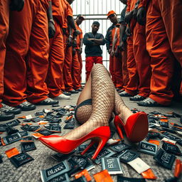 A low angle shot capturing the legs of a large gang of African American gang members attire in baggy orange pants, surrounding the legs of a Caucasian individual clad in ripped fishnet stockings and striking red high heels