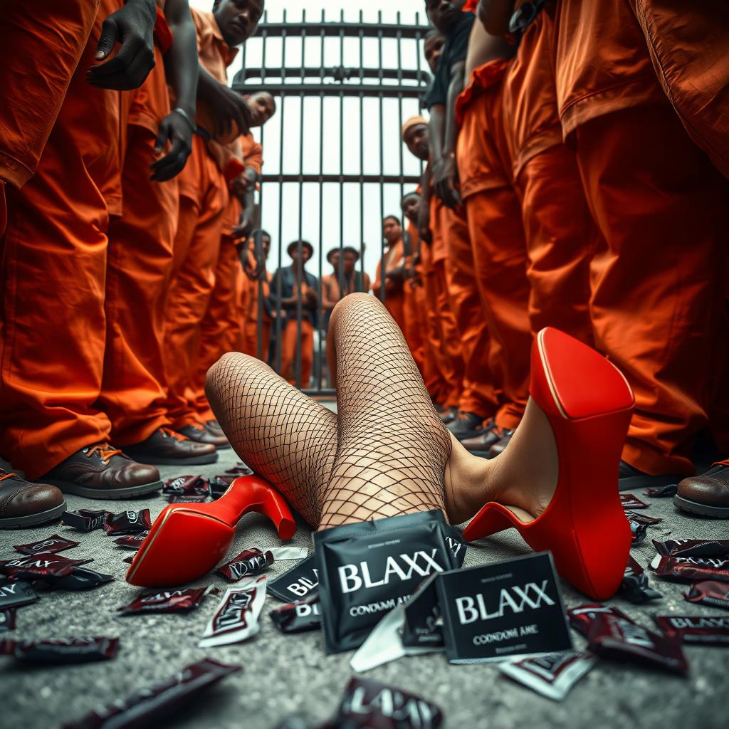 A low angle shot capturing the legs of a large gang of African American gang members attire in baggy orange pants, surrounding the legs of a Caucasian individual clad in ripped fishnet stockings and striking red high heels