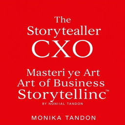 A refined, minimalistic book cover reveal featuring a striking red background with white font for the business book titled 'The Storyteller CXO - Mastering the Art of Business Storytelling' by Monika Tandon