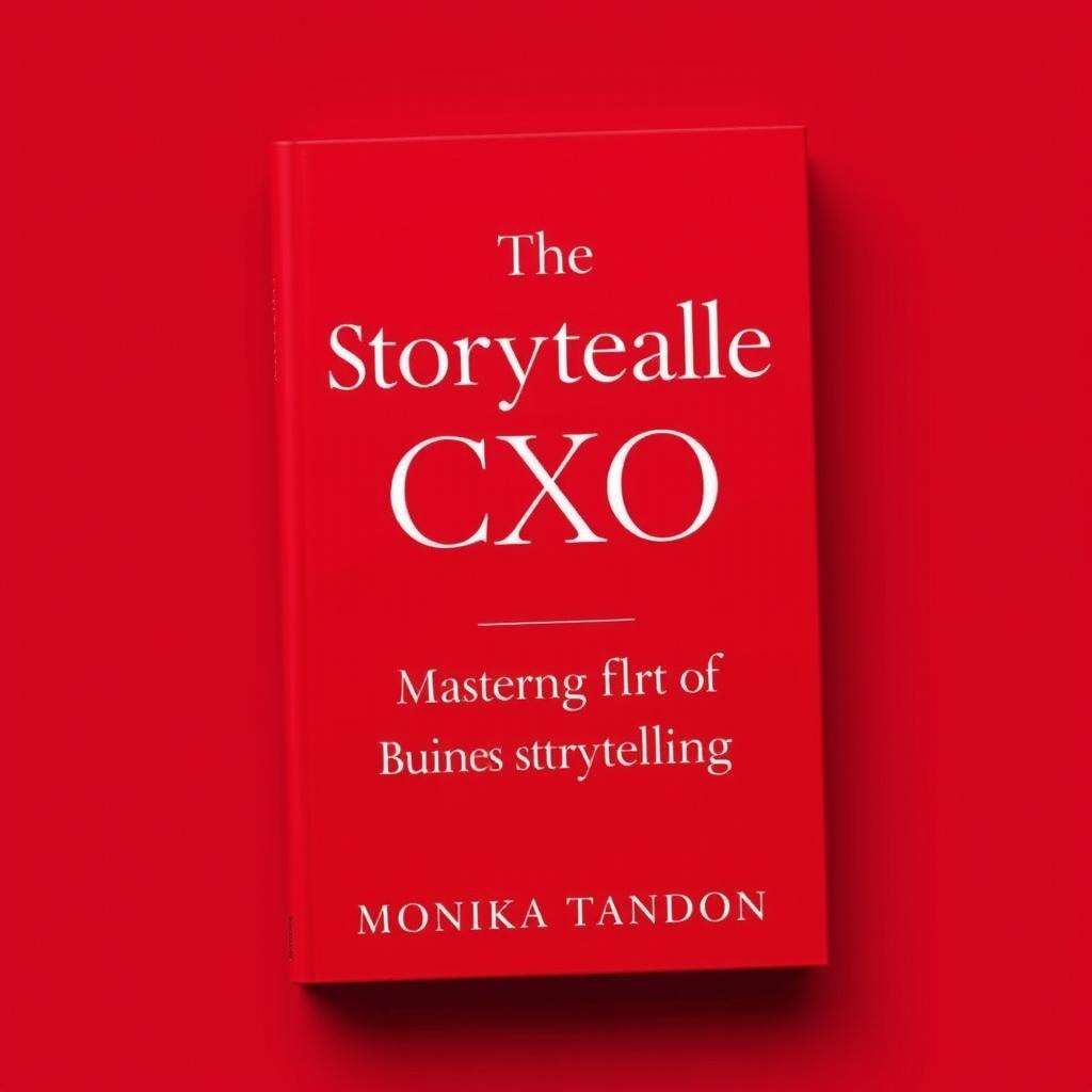 A refined, minimalistic book cover reveal featuring a striking red background with white font for the business book titled 'The Storyteller CXO - Mastering the Art of Business Storytelling' by Monika Tandon