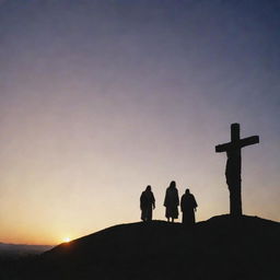 An engaging depiction of Jesus' crucifixion. Set the scene on a hill during the dusk with a large cross at the center, Jesus' silhouette in shadow, witnessed by a few solemn figures at a distance.