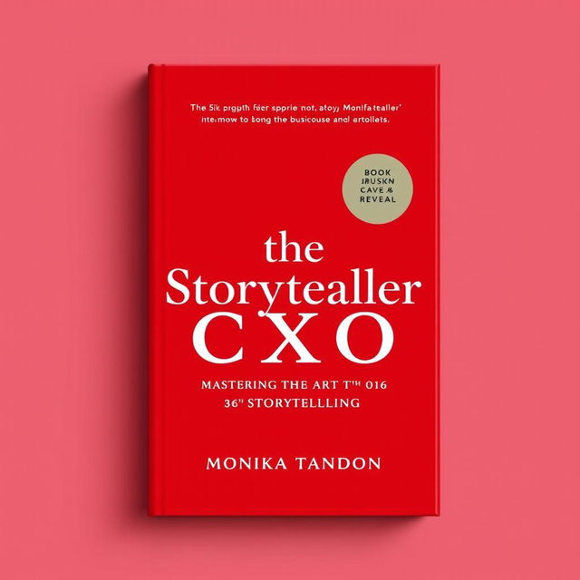 A refined, minimalistic book cover reveal featuring a striking red background with white font for the business book titled 'The Storyteller CXO - Mastering the Art of Business Storytelling' by Monika Tandon