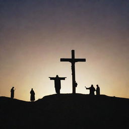 An engaging depiction of Jesus' crucifixion. Set the scene on a hill during the dusk with a large cross at the center, Jesus' silhouette in shadow, witnessed by a few solemn figures at a distance.