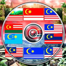 An interactive CD showcasing the flags of the states in Malaysia, featuring a colorful and engaging layout for each state's unique flag