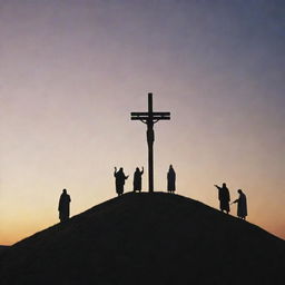 An engaging depiction of Jesus' crucifixion. Set the scene on a hill during the dusk with a large cross at the center, Jesus' silhouette in shadow, witnessed by a few solemn figures at a distance.