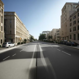 A 2-lane city road during the day, void of human traffic with just a few cars sporadically placed, under a clear sky.