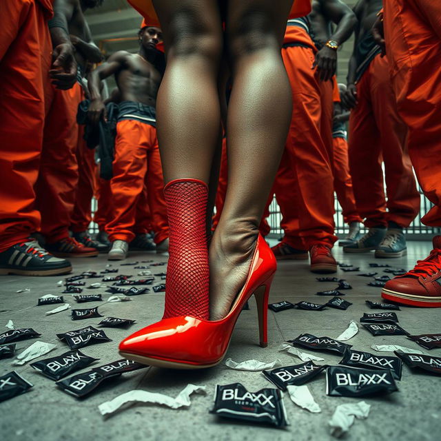 A dramatic low angle shot depicting a large group of African American gang members, characterized by their baggy orange pants, standing prominently around two Caucasian legs in ripped fishnets and vibrant red high heels, positioned on the ground