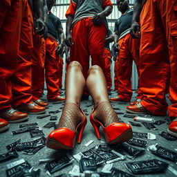 A dramatic low angle shot depicting a large group of African American gang members, characterized by their baggy orange pants, standing prominently around two Caucasian legs in ripped fishnets and vibrant red high heels, positioned on the ground