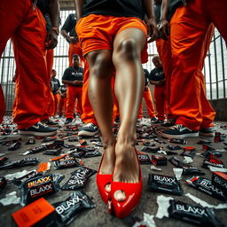 A dramatic low angle shot depicting a large group of African American gang members, characterized by their baggy orange pants, standing prominently around two Caucasian legs in ripped fishnets and vibrant red high heels, positioned on the ground