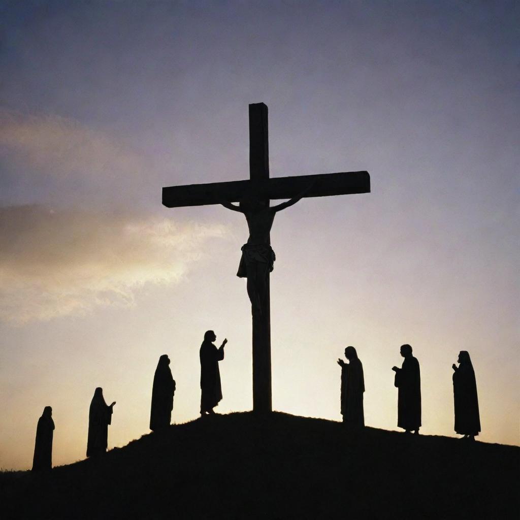 An engaging depiction of Jesus' crucifixion. Set the scene on a hill during the dusk with a large cross at the center, Jesus' silhouette in shadow, witnessed by a few solemn figures at a distance.