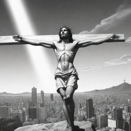 Represent Jesus' crucifixion in a manga style illustration. Show Jesus on the cross with a striking skyline in the background. Incorporate manga characteristics like stylized facial expressions and dramatic shading.