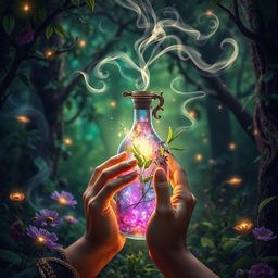 An enchanting book cover design for a herbalism fantasy novel, emphasizing elements of magic, love, secrets, potions, and elixirs