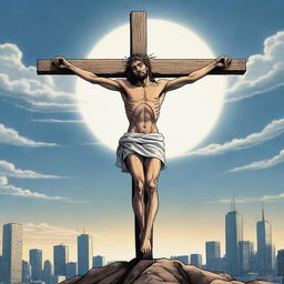 Represent Jesus' crucifixion in a manga style illustration. Show Jesus on the cross with a striking skyline in the background. Incorporate manga characteristics like stylized facial expressions and dramatic shading.