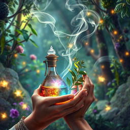 An enchanting book cover design for a herbalism fantasy novel, emphasizing elements of magic, love, secrets, potions, and elixirs