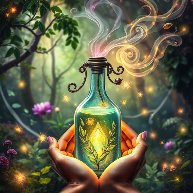 An enchanting book cover design for a herbalism fantasy novel, emphasizing elements of magic, love, secrets, potions, and elixirs