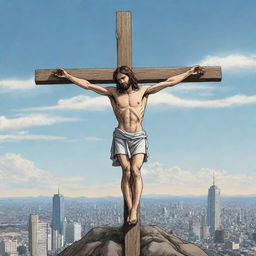 Represent Jesus' crucifixion in a manga style illustration. Show Jesus on the cross with a striking skyline in the background. Incorporate manga characteristics like stylized facial expressions and dramatic shading.