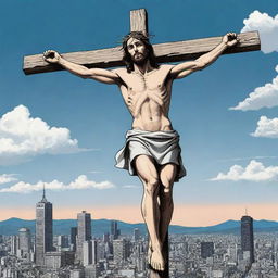 Represent Jesus' crucifixion in a manga style illustration. Show Jesus on the cross with a striking skyline in the background. Incorporate manga characteristics like stylized facial expressions and dramatic shading.