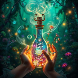 An enchanting book cover design for a herbalism fantasy novel, featuring elements of magic, love, secrets, potions, and elixirs