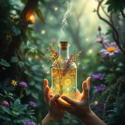 An enchanting book cover design for a herbalism fantasy novel, featuring elements of magic, love, secrets, potions, and elixirs