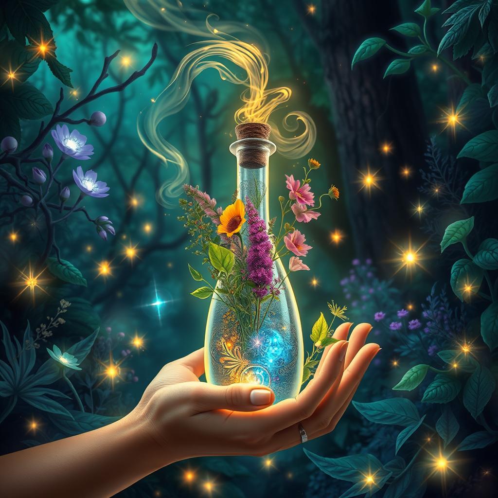 An enchanting book cover design for a herbalism fantasy novel, featuring elements of magic, love, secrets, potions, and elixirs