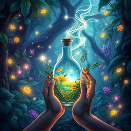 An enchanting book cover design for a herbalism fantasy novel, featuring elements of magic, love, secrets, potions, and elixirs