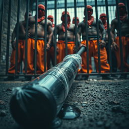 A dramatic low angle view of a large black baseball bat wrapped in plastic, dripping clear oil and laying on the gritty ground