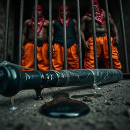 A dramatic low angle view of a large black baseball bat wrapped in plastic, dripping clear oil and laying on the gritty ground