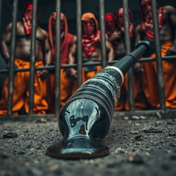 A dramatic low angle view of a large black baseball bat wrapped in plastic, dripping clear oil and laying on the gritty ground