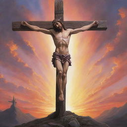 Create an anime-styled interpretation of Jesus' crucifixion. The centerpiece is Jesus on the cross against a dramatic sunset, amplified by anime's distinctive detailed shading, impactful character emotions, and vivid colors.