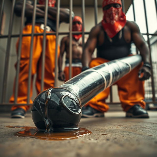 A dramatic low angle shot of a large black baseball bat wrapped in plastic, laying on the ground and dripping clear oil