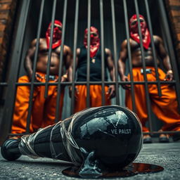 A dramatic low angle shot of a large black baseball bat wrapped in plastic, laying on the ground and dripping clear oil