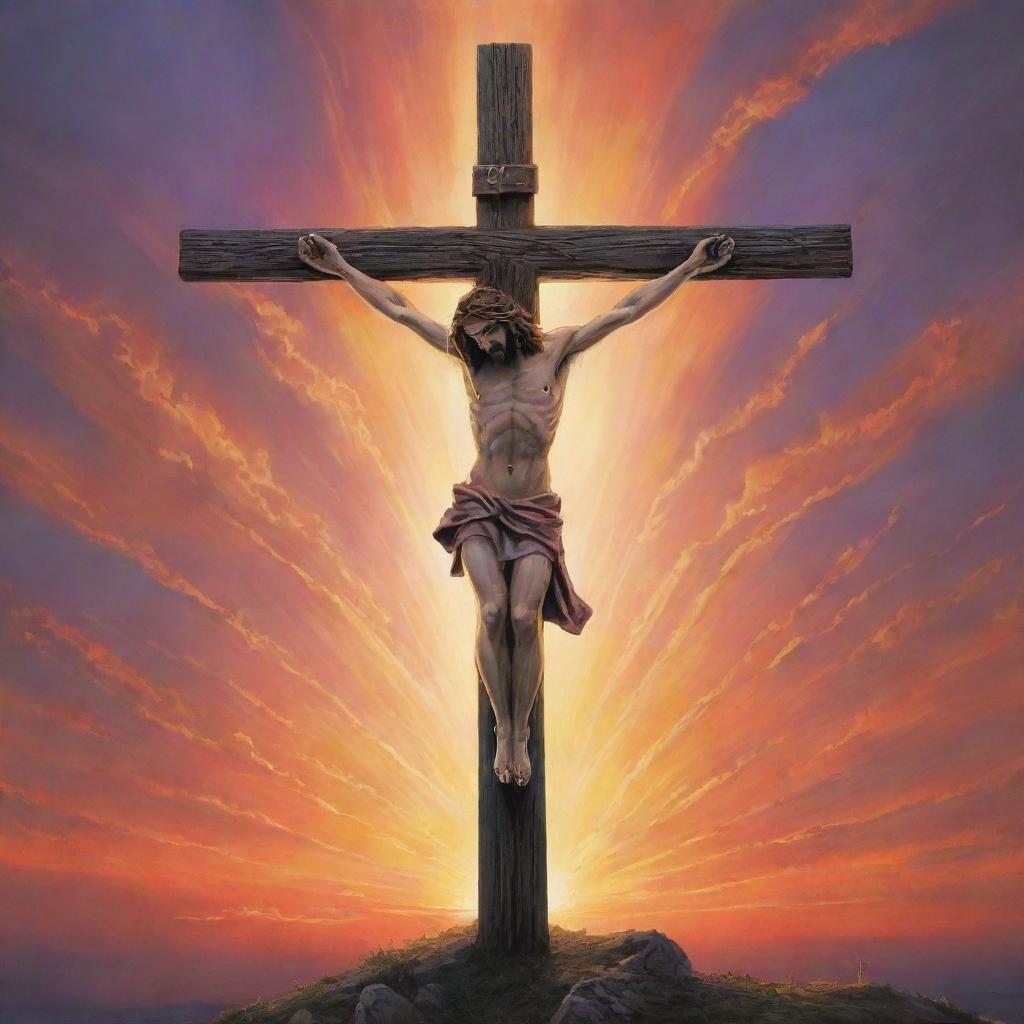 Create an anime-styled interpretation of Jesus' crucifixion. The centerpiece is Jesus on the cross against a dramatic sunset, amplified by anime's distinctive detailed shading, impactful character emotions, and vivid colors.