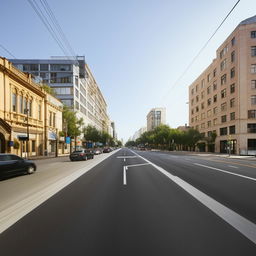 A 2-lane city road during the day, void of human traffic with just a few cars sporadically placed, under a clear sky.