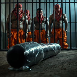 A large black baseball bat wrapped in plastic, with clear oil dripping off, laying on the ground