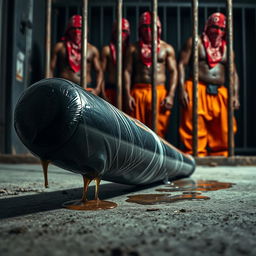 A large black baseball bat wrapped in plastic, with clear oil dripping off, laying on the ground