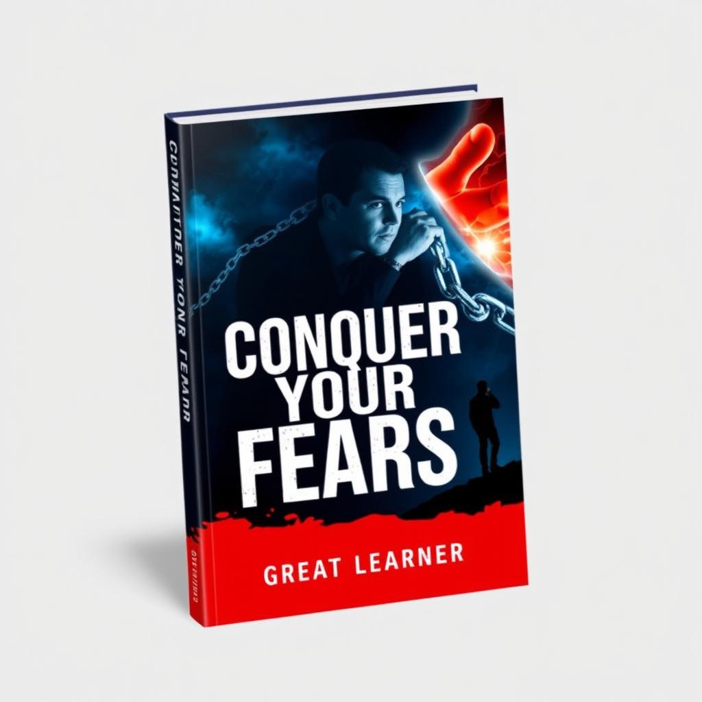 A bold and empowering book cover for *Conquer Your Fears* by Great Learner, utilizing deep, contrasting colors like dark blue and vibrant red to symbolize strength and courage