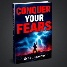 A bold and empowering book cover for *Conquer Your Fears* by Great Learner, utilizing deep, contrasting colors like dark blue and vibrant red to symbolize strength and courage