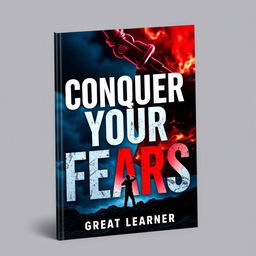 A bold and empowering book cover for *Conquer Your Fears* by Great Learner, utilizing deep, contrasting colors like dark blue and vibrant red to symbolize strength and courage