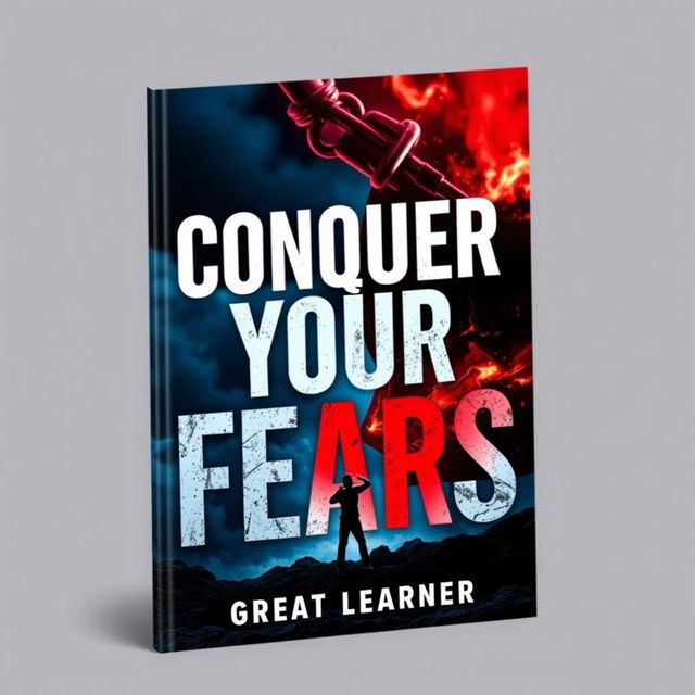 A bold and empowering book cover for *Conquer Your Fears* by Great Learner, utilizing deep, contrasting colors like dark blue and vibrant red to symbolize strength and courage