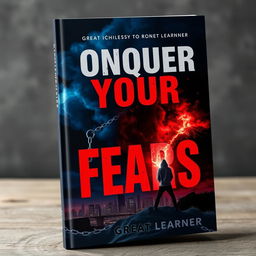 A bold and empowering book cover for *Conquer Your Fears* by Great Learner, utilizing deep, contrasting colors like dark blue and vibrant red to symbolize strength and courage