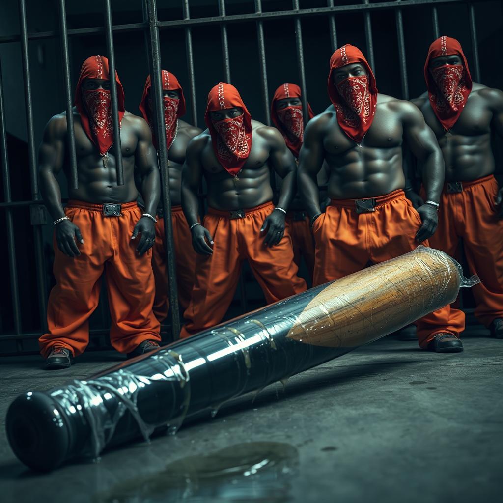 A large black baseball bat wrapped in clear plastic, dripping with clear oil, is prominently laying on the ground