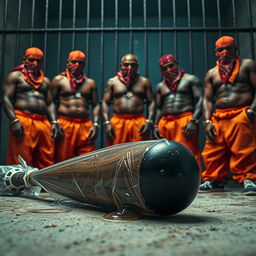 A large black baseball bat wrapped in clear plastic, dripping with clear oil, is prominently laying on the ground