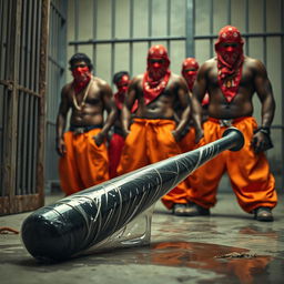 A large black baseball bat wrapped in clear plastic, dripping with clear oil, is prominently laying on the ground