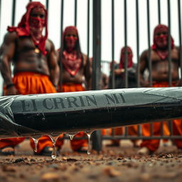 A large, shiny black baseball bat wrapped in clear plastic, with droplets of clear oil dripping down, is laying flat on the ground