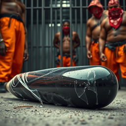 A large, shiny black baseball bat wrapped in clear plastic, with droplets of clear oil dripping down, is laying flat on the ground