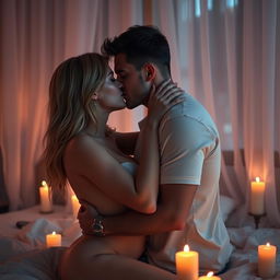 A sensual and intimate scene of a loving couple in a serene bedroom setting, surrounded by soft candlelight and delicate curtains
