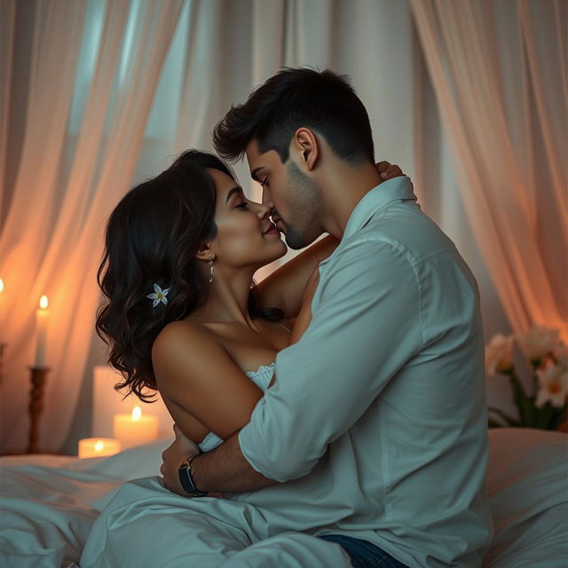 A sensual and intimate scene of a loving couple in a serene bedroom setting, surrounded by soft candlelight and delicate curtains