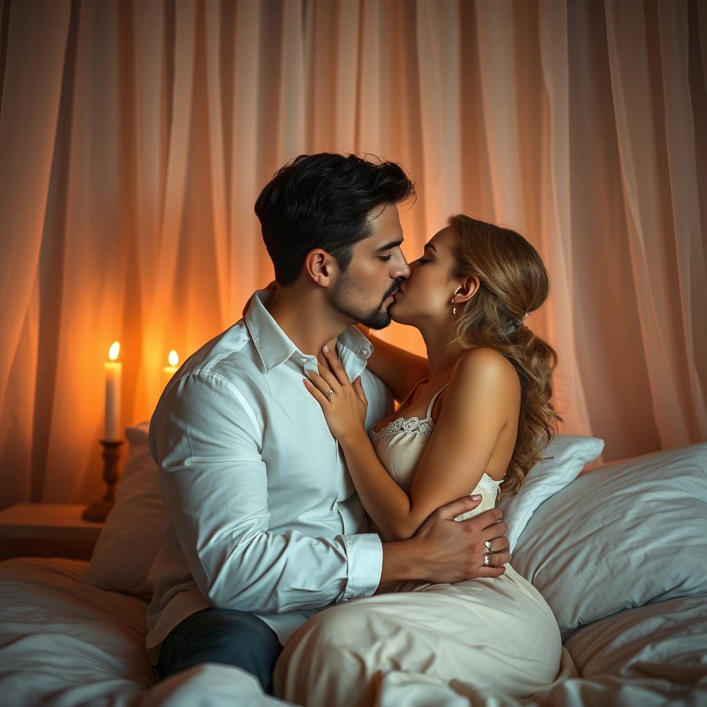 A sensual and intimate scene of a loving couple in a serene bedroom setting, surrounded by soft candlelight and delicate curtains