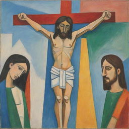 Illustrate Jesus' crucifixion in the style of Pablo Picasso. Use his signature cubist technique to fragment and rearrange the scene, featuring abstract shapes, a range of colors, and multiple viewpoints of Jesus on the cross.