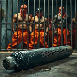 A large black baseball bat wrapped in plastic, with clear oil dripping from it, laying on the ground